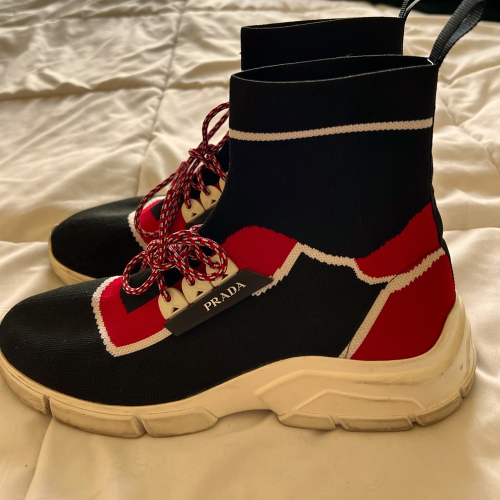 Prada Black and Red Sock Sneakers Size US 9
